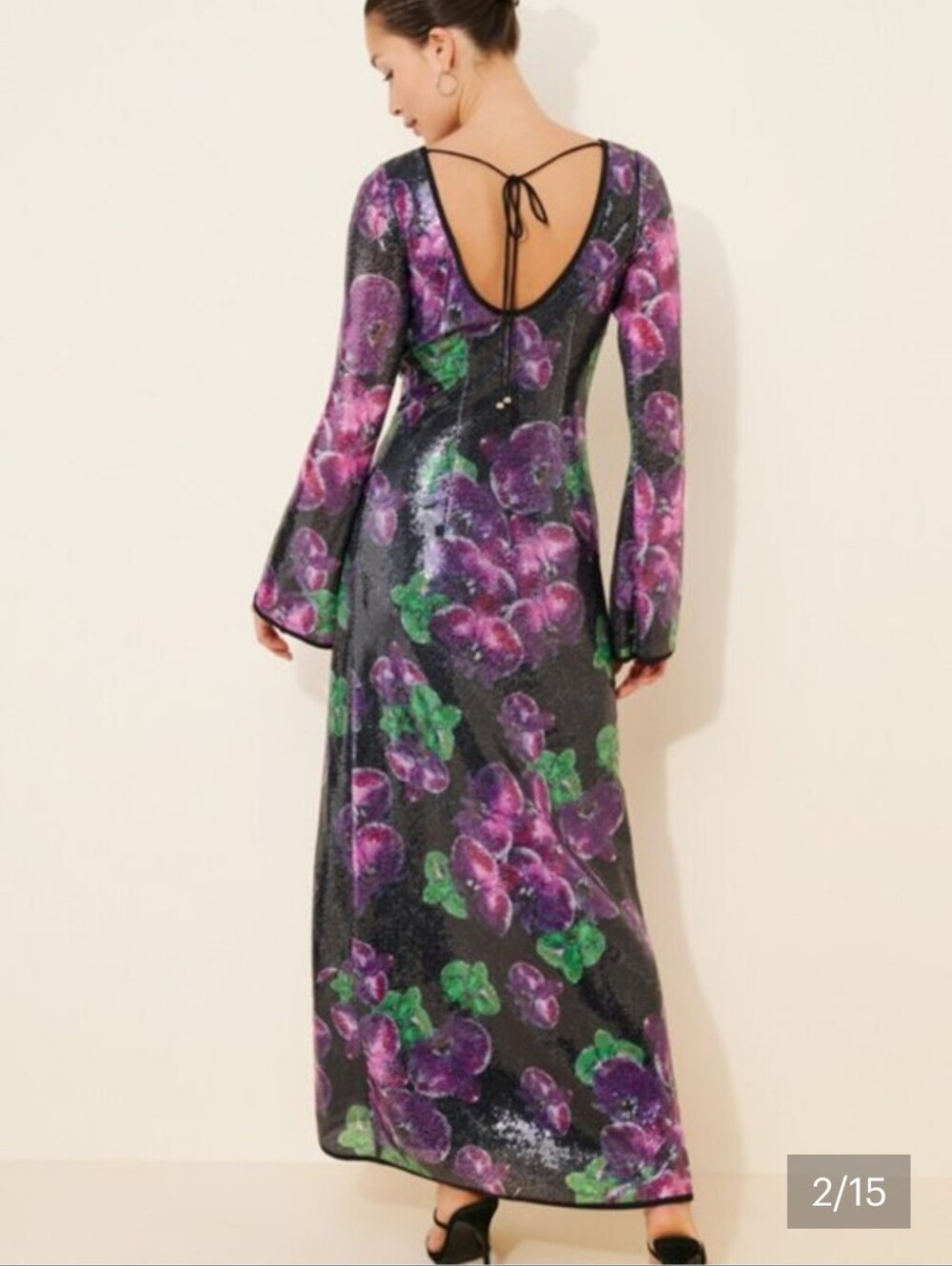 The Wolf Gang Lenee Long Sleeve Floral Sequin Maxi Dress in Black and Purple - Picture 2 of 13